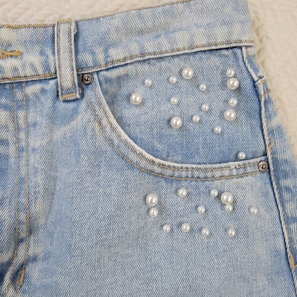 Velvet Heart Pearl Embellished Denim Skirt Distressed Frayed Hem Size 25 Boho - Picture 4 of 16